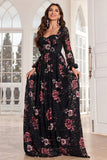 A Line Long Sleeves Floral Print Black Long Formal Dress