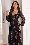 A Line Long Sleeves Floral Print Black Long Formal Dress