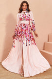 Floral Print Pink A Line Long Sleeves Wedding Guest Dress with Slit