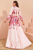 Floral Print Pink A Line Long Sleeves Wedding Guest Dress with Slit