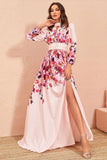 Floral Print Pink A Line Long Sleeves Wedding Guest Dress with Slit