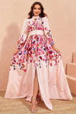 Floral Print Pink A Line Long Sleeves Wedding Guest Dress with Slit