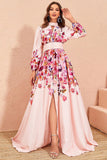 Floral Print Pink A Line Long Sleeves Wedding Guest Dress with Slit