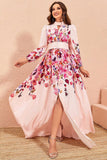 Floral Print Pink A Line Long Sleeves Wedding Guest Dress with Slit