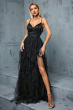 Sparkly Spaghetti Straps Grey Blue Tulle A Line Prom Dress