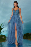 Sparkly Spaghetti Straps Grey Blue Tulle A Line Prom Dress