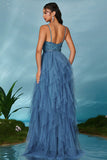 Sparkly Spaghetti Straps Grey Blue Tulle A Line Prom Dress