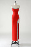 Red Strapless Sheath Beaded Tea Length Formal Dress with Slit