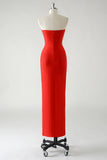 Red Strapless Sheath Beaded Tea Length Formal Dress with Slit