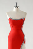 Red Strapless Sheath Beaded Tea Length Formal Dress with Slit