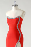 Red Strapless Sheath Beaded Tea Length Formal Dress with Slit