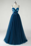 Dark Blue Sweetheart Corset A-Line Prom Dress with Mirror