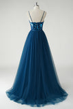 Dark Blue Sweetheart Corset A-Line Prom Dress with Mirror