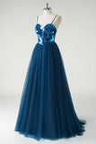 Dark Blue Sweetheart Corset A-Line Prom Dress with Mirror