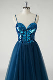 Dark Blue Sweetheart Corset A-Line Prom Dress with Mirror