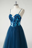 Dark Blue Sweetheart Corset A-Line Prom Dress with Mirror