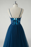 Dark Blue Sweetheart Corset A-Line Prom Dress with Mirror