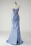 Blue Beaded Satin Ruched Mermaid Prom Dress with Slit