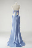 Blue Beaded Satin Ruched Mermaid Prom Dress with Slit