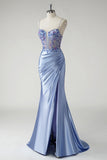 Blue Beaded Satin Ruched Mermaid Prom Dress with Slit