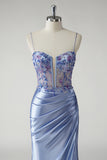 Blue Beaded Satin Ruched Mermaid Prom Dress with Slit