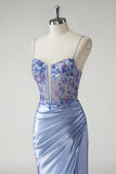 Blue Beaded Satin Ruched Mermaid Prom Dress with Slit