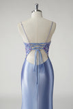 Blue Beaded Satin Ruched Mermaid Prom Dress with Slit