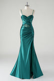 Dark Green Sweetheart Pleated Satin Mermaid Prom Dress with Slit