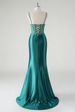 Dark Green Sweetheart Pleated Satin Mermaid Prom Dress with Slit