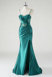 Dark Green Sweetheart Pleated Satin Mermaid Prom Dress with Slit