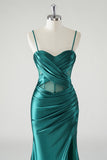 Dark Green Sweetheart Pleated Satin Mermaid Prom Dress with Slit