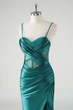 Dark Green Sweetheart Pleated Satin Mermaid Prom Dress with Slit