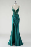 Satin Mermaid Dark Green Sequined Prom Dress with Slit