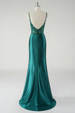 Satin Mermaid Dark Green Sequined Prom Dress with Slit