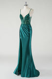 Satin Mermaid Dark Green Sequined Prom Dress with Slit