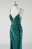 Satin Mermaid Dark Green Sequined Prom Dress with Slit