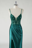 Satin Mermaid Dark Green Sequined Prom Dress with Slit