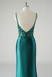 Satin Mermaid Dark Green Sequined Prom Dress with Slit