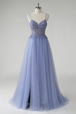 Beaded Corset Grey Blue A-Line Prom Dress with Slit