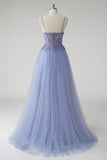 Beaded Corset Grey Blue A-Line Prom Dress with Slit