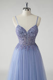 Beaded Corset Grey Blue A-Line Prom Dress with Slit