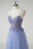 Beaded Corset Grey Blue A-Line Prom Dress with Slit