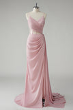 Blush Pleated Sheath Side Cape Prom Dress with Slit