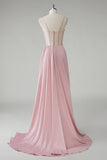 Blush Pleated Sheath Side Cape Prom Dress with Slit