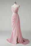 Blush Pleated Sheath Side Cape Prom Dress with Slit