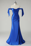 Off the Shoulder Royal Blue Ruched Satin Mermaid Prom Dress with Slit