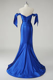 Off the Shoulder Royal Blue Ruched Satin Mermaid Prom Dress with Slit