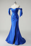 Off the Shoulder Royal Blue Ruched Satin Mermaid Prom Dress with Slit