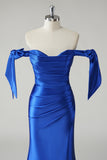 Off the Shoulder Royal Blue Ruched Satin Mermaid Prom Dress with Slit