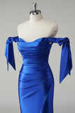 Off the Shoulder Royal Blue Ruched Satin Mermaid Prom Dress with Slit